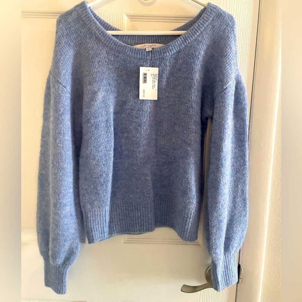 INTERMIX Blue Off-the-Shoulder Sweater Cozy Knit